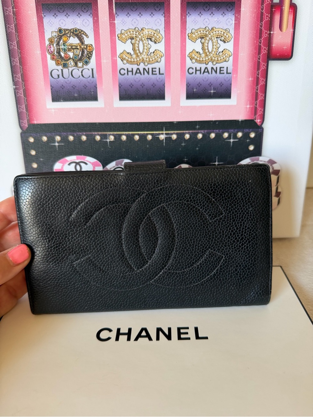 CHANEL Vintage Black Leather CC Logo Long Wallet